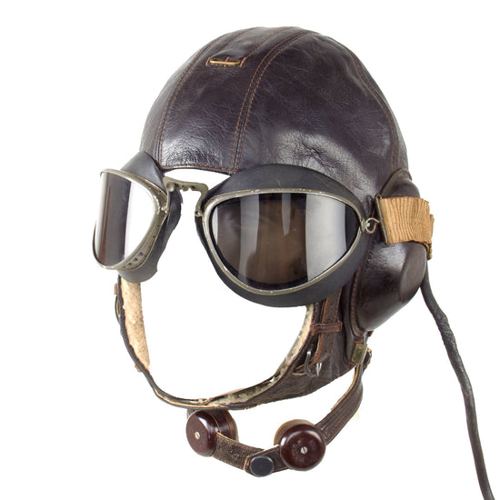 Original German WWII Luftwaffe LKpW101 Leather Winter Flying Helmet with Avionics & Goggles - Size 57cm Original Items