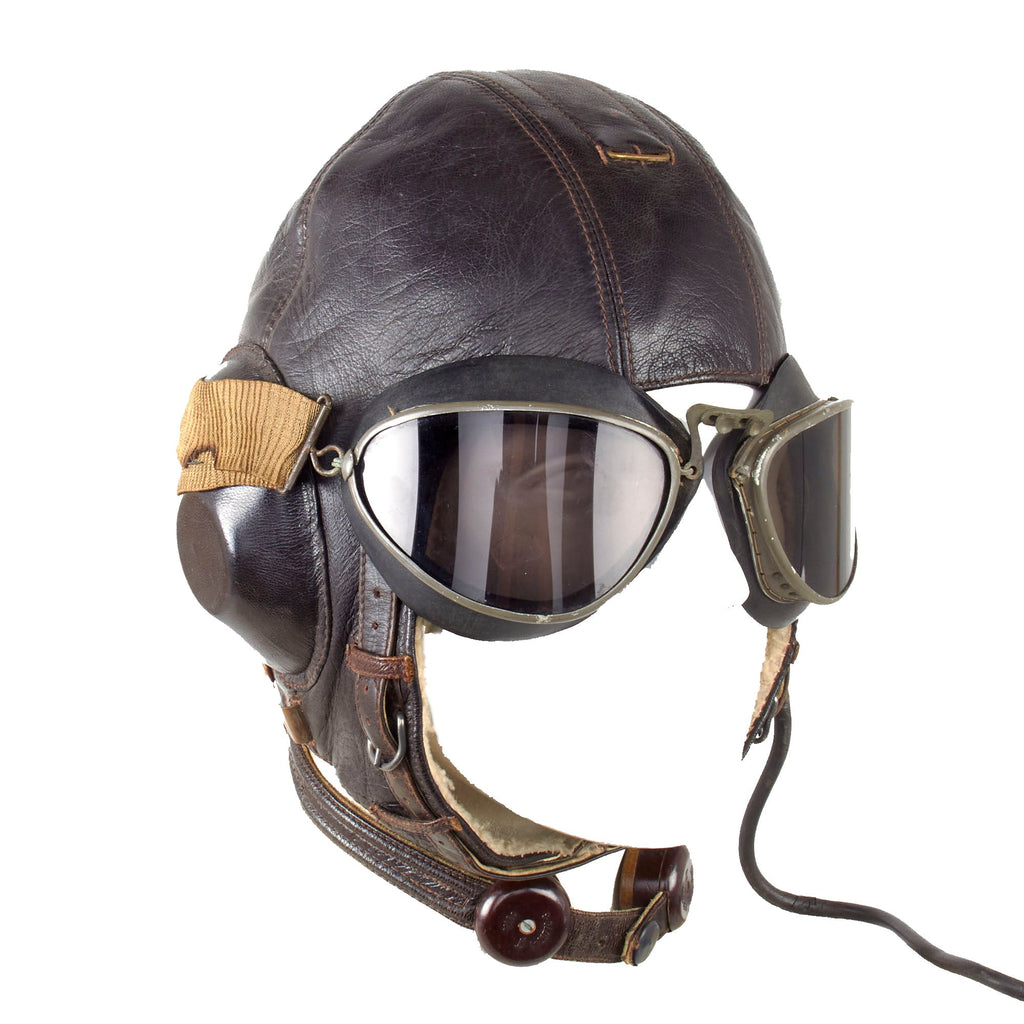 Original German WWII Luftwaffe LKpW101 Leather Winter Flying Helmet with Avionics & Goggles - Size 57cm Original Items
