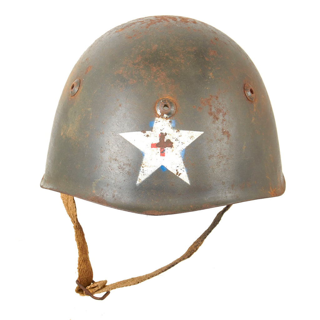 Original WWII Italian Four Vent “Prototype” M33 Helmet Marked with Medical Star - Later Canvas Chinstrap Original Items