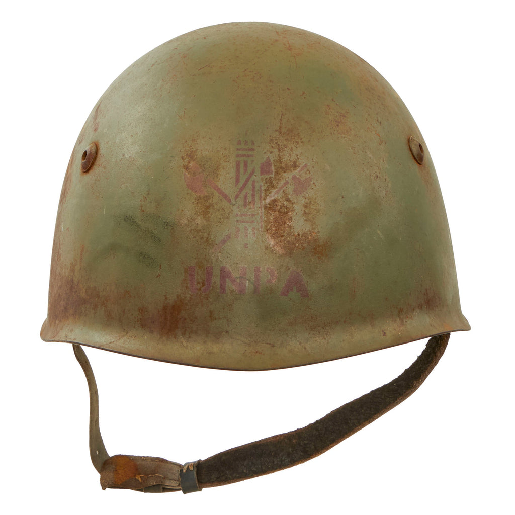 Original WWII Italian UNPA Unione Nazionale Protezione Antiaerea M33 Helmet with Great Stencil - Liner & Chinstrap Original Items