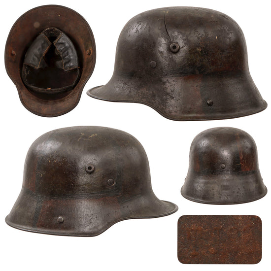Original Imperial German WWI M16 Stahlhelm Helmet with Panel Camouflage Paint & Leather Liner - Possible Battle Damage - Marked TJ66 Original Items