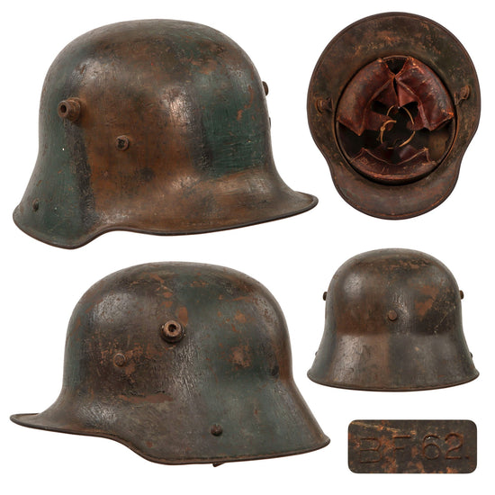 Original Imperial German WWI M16 Stahlhelm Helmet with Panel Camouflage Paint with Leather Liner - Stamped BF62 Original Items