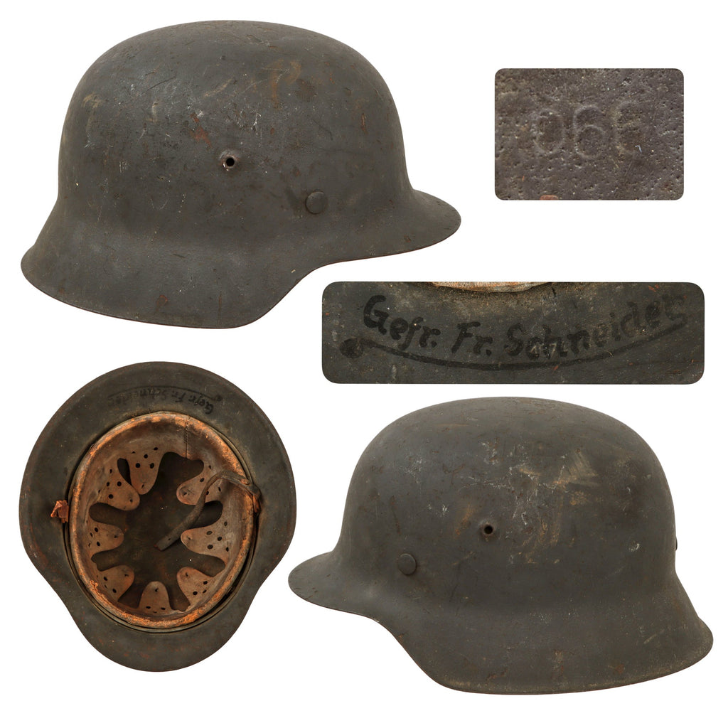 Original German WWII Named Heer Army No Decal M42 Helmet with 1943 Dated 58cm Liner and Broken Chinstrap - Stamped hkp66 Original Items