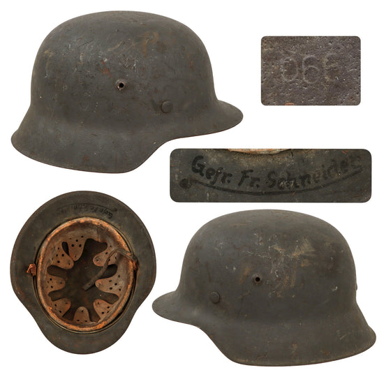 Original German WWII Named Heer Army No Decal M42 Helmet with 1943 Dated 58cm Liner and Broken Chinstrap - Stamped hkp66 Original Items