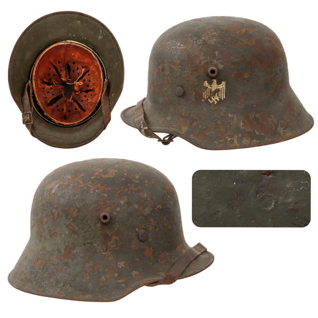 Original German WWII M18 Transitional Heer Army Single Decal Helmet with 1940 Dated 54cm Liner and Chinstrap - Stamped ET64 Original Items