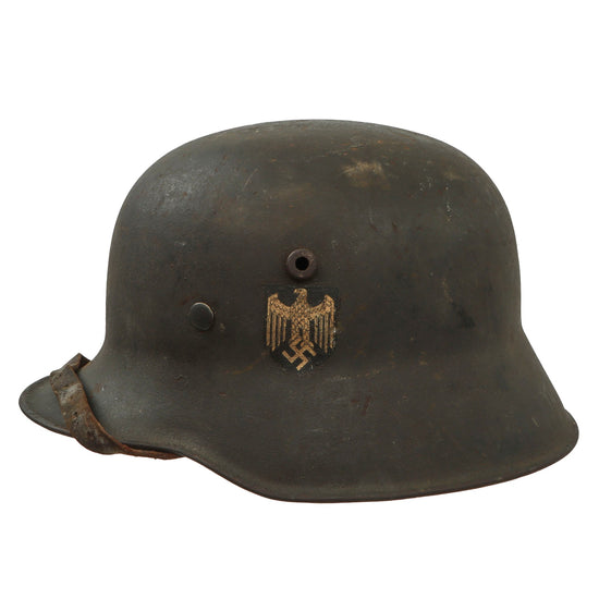 Original German WWII M18 Transitional Heer Army Single Decal Helmet with Wartime Liner & Chinstrap - Stamped W66 Original Items