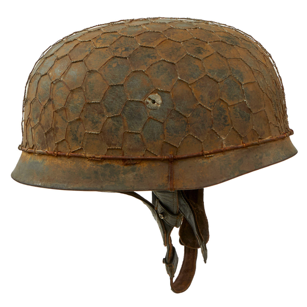 Original German WWII 1970s Restored M-38 Luftwaffe Fallschirmjäger Paratrooper Helmet with Replica Liner, Chicken Wire & Chinstraps - ET71 Original Items