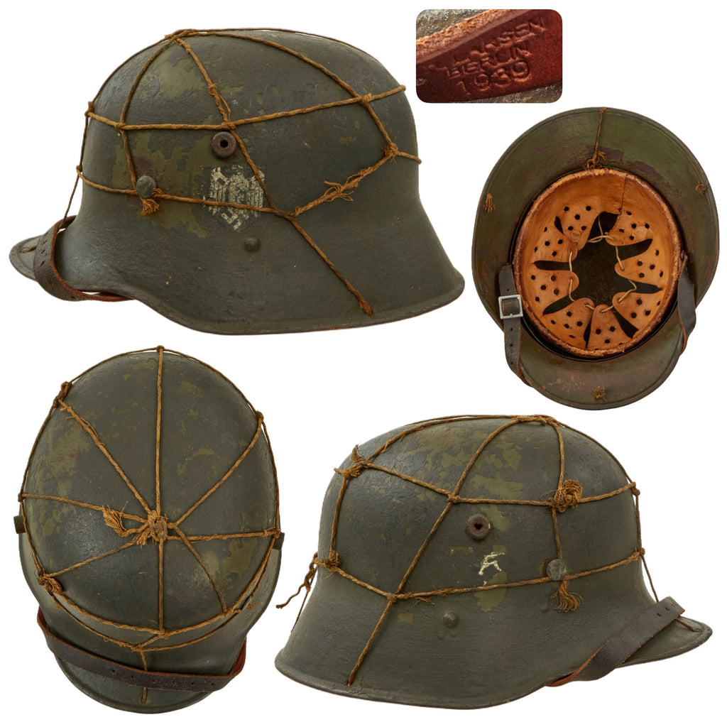 Original German WWII Austrian M17 Transitional Heer Army Single Decal Helmet with Period Applied Net and 58cm Liner - Size 66 Shell Original Items