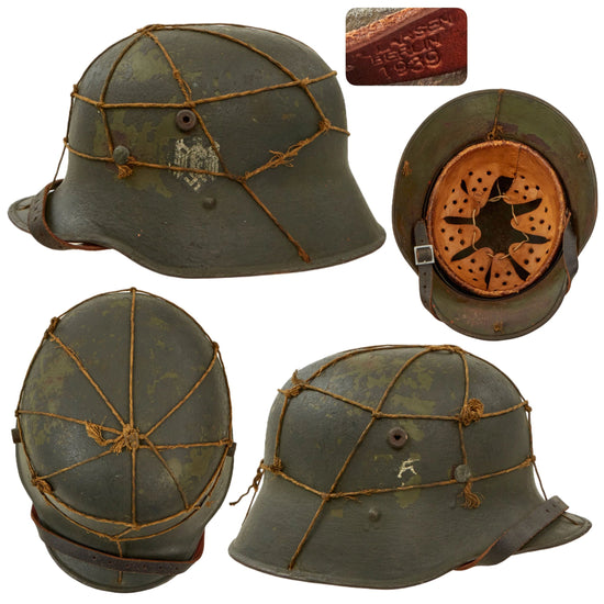 Original German WWII Austrian M17 Transitional Heer Army Single Decal Helmet with Period Applied Net and 58cm Liner - Size 66 Shell Original Items