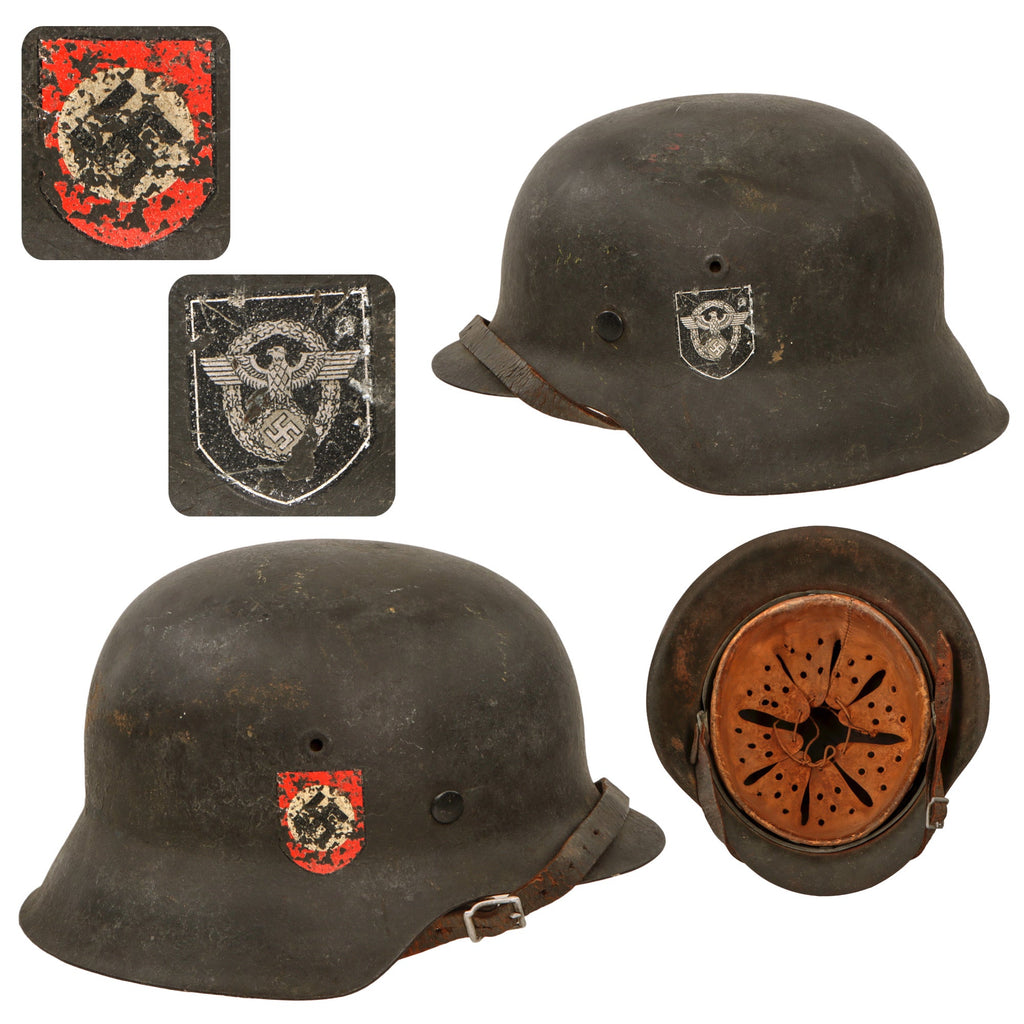 Original German WWII Double Decal NSDAP Civic Police M42 Steel Combat Helmet with 1942 Dated 54cm Liner and Chinstrap - Stamped EF62 Original Items