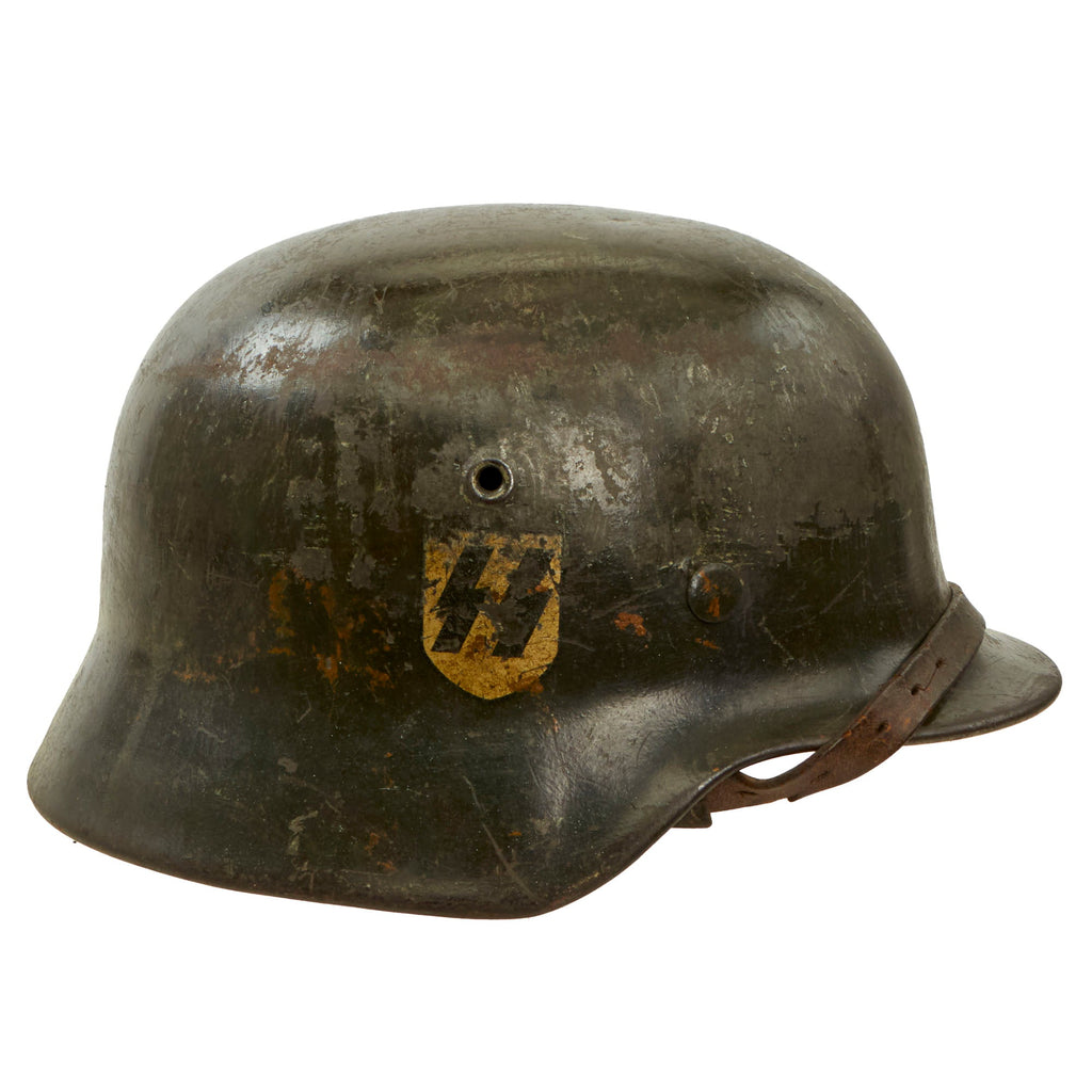 Original German WWII Rare Waffen SS M40 Single Decal Helmet with 1941 Dated 58cm Liner and Chinstrap - Stamped ET66 Original Items