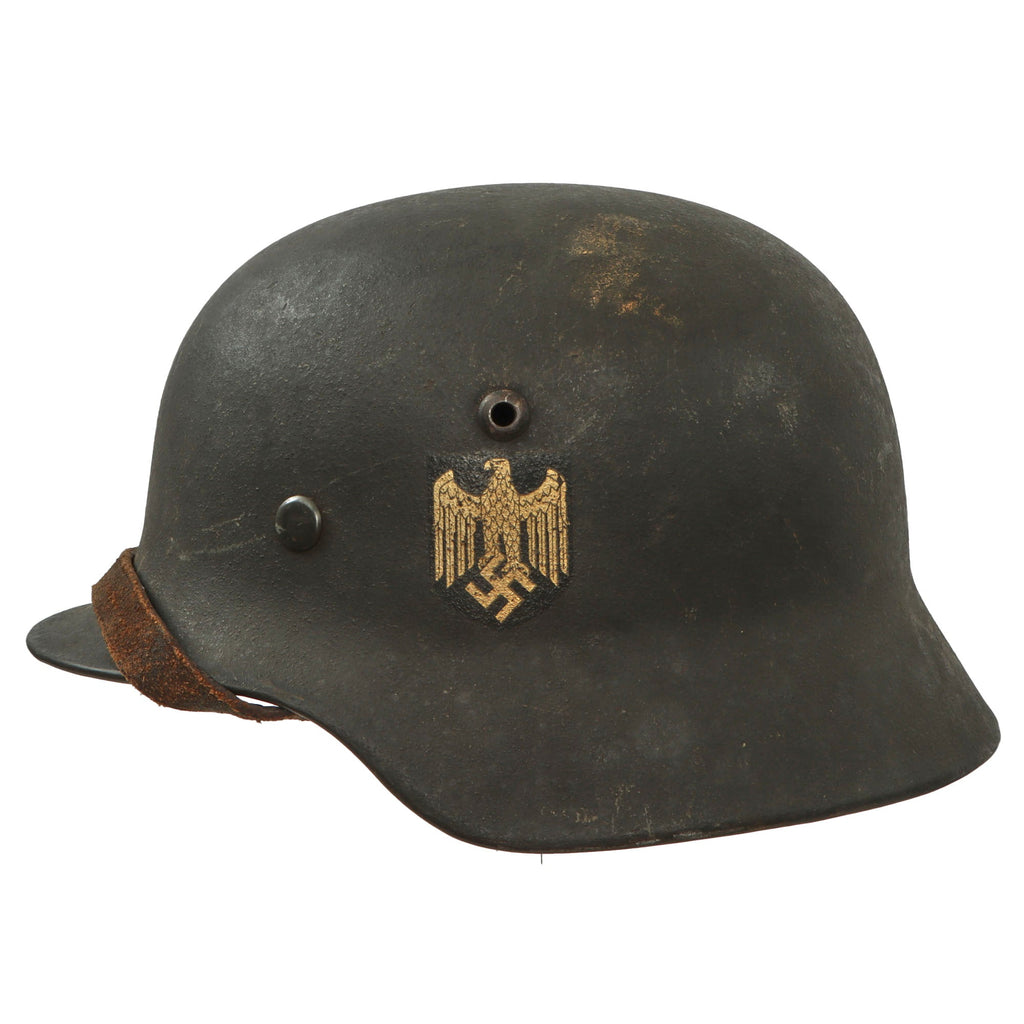 Original German WWII Heer Army M35 Single Decal Steel Helmet with 1940 Dated 55cm Liner and Chinstrap - Stamped SE62 Original Items