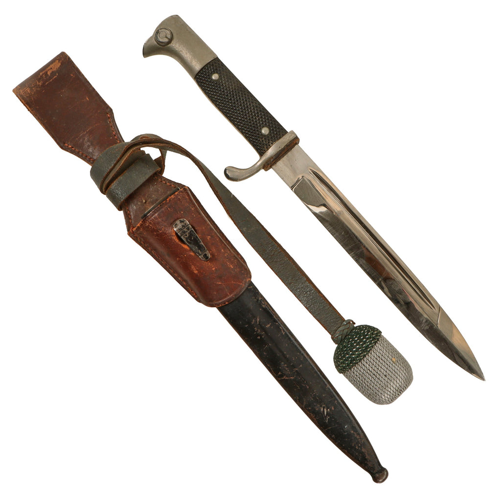 Original German Pre WWII Heer Short 98k Dress Bayonet by Carl Eickhorn with Scabbard, Leather Frog, and NCO Troddel Knot Original Items