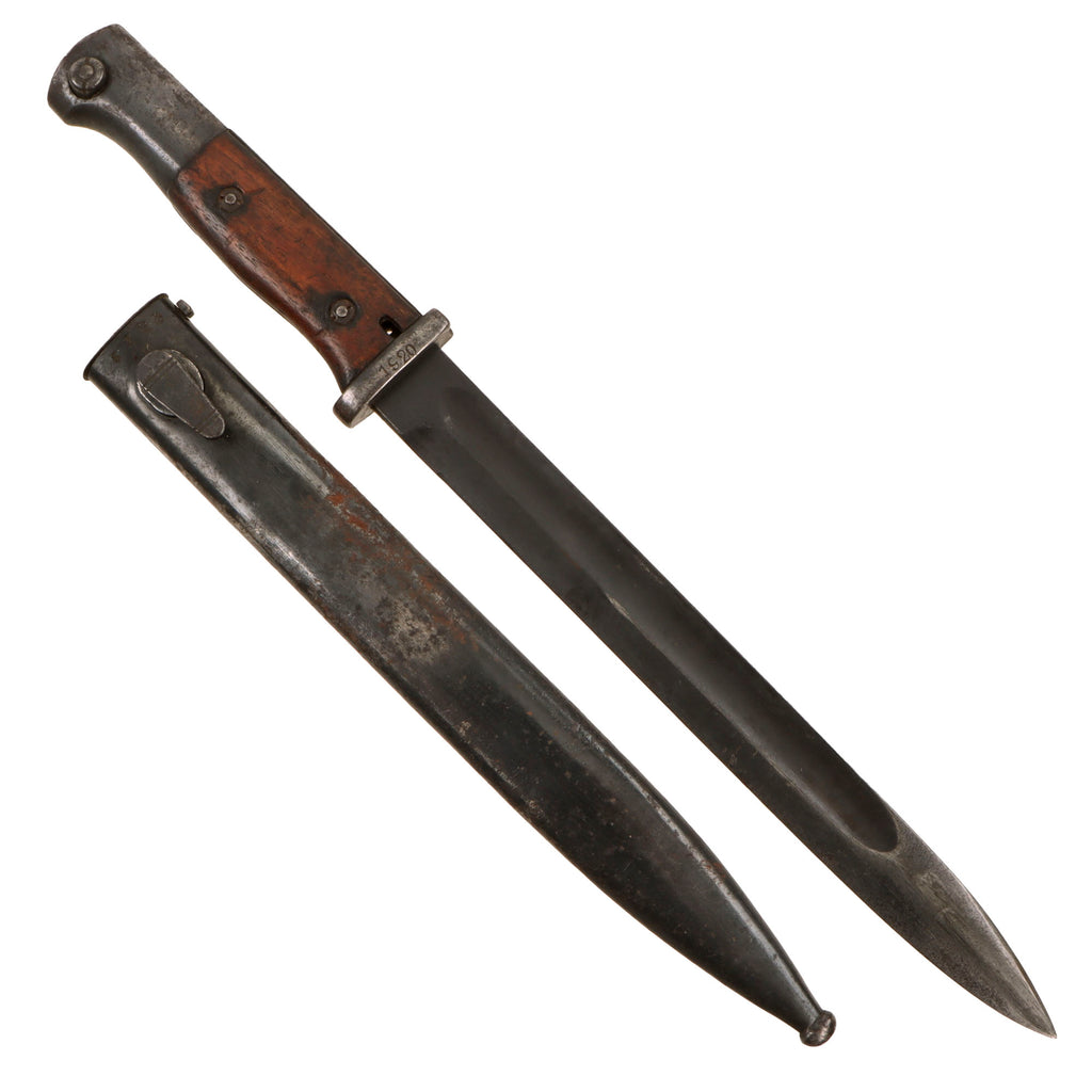 Original German WWI Seitengewehr M1884/98 II Bayonet by Gebr. Heller with Unit Marking, 1920 Stamp & Scabbard