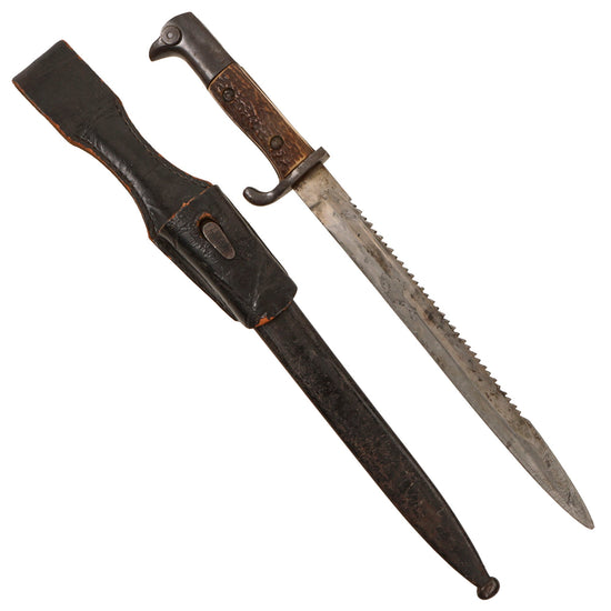 Original German Pre WWII Long Dress Sawback Stag Handle Bayonet by Alcoso with Scabbard and Frog Original Items