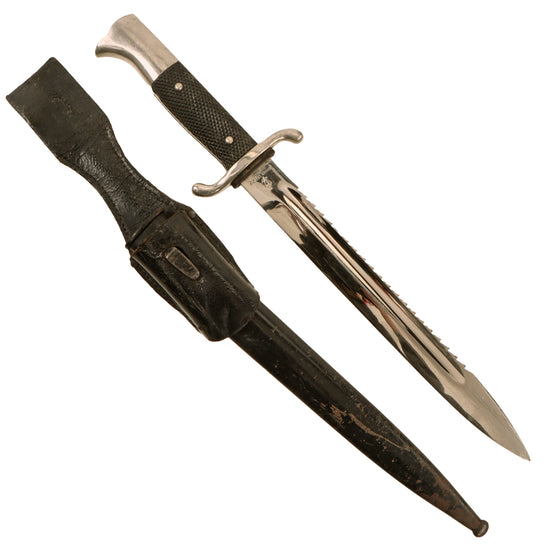 Original German WWII Fireman's Long Dress Sawback Bayonet by Rare Maker Johann Leupold AG with Scabbard and Frog Original Items
