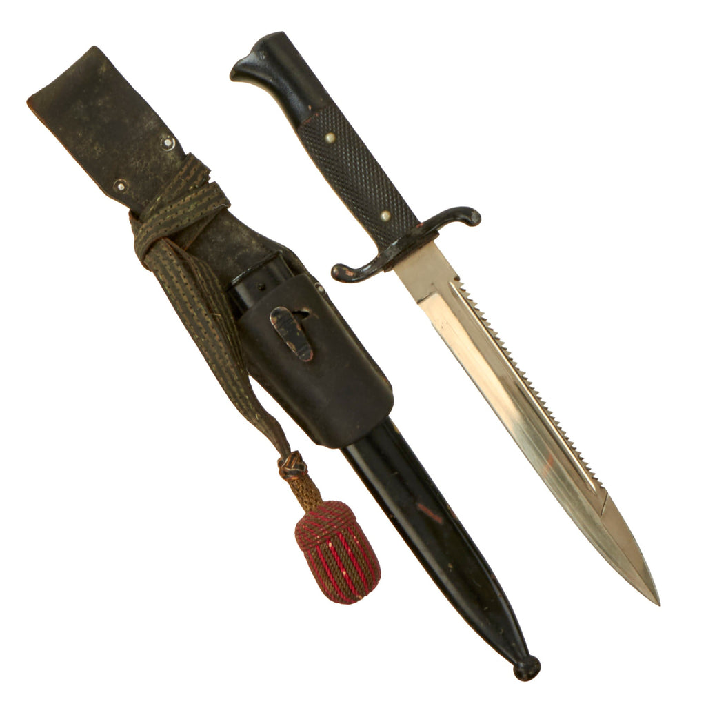 Original German WWII Fireman's Short Dress Sawback Bayonet with Painted Handle, Scabbard, Frog, and Troddel Knot Original Items