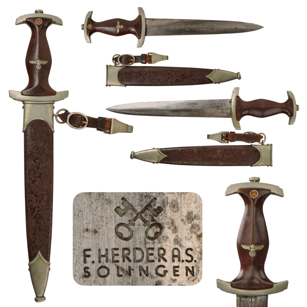 Original German Early WWII SA Dagger by Friedrich Herder Abr. Sohn of Solingen with Scabbard & Belt Hanger Original Items
