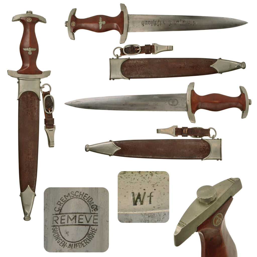 Original German Early WWII SA Dagger by Rare Maker Cuno Remscheid & Co. with Scabbard & Hanger - McSARR Rarity Rated 7 of 10 Original Items