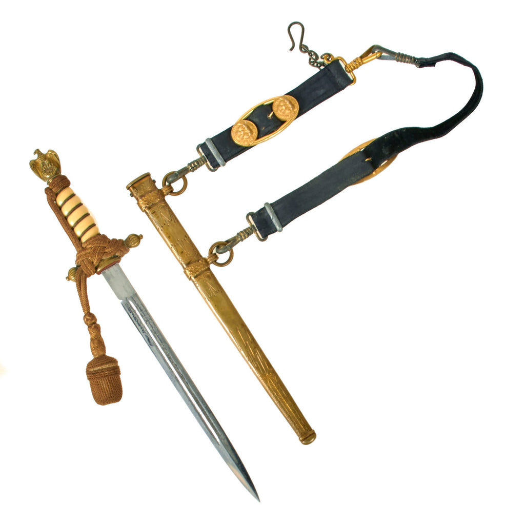 Original WWII German 2nd Model Naval Dagger by F.W. Höller with Lightning Bolt Scabbard, Lion Hangers, and Portepee Original Items