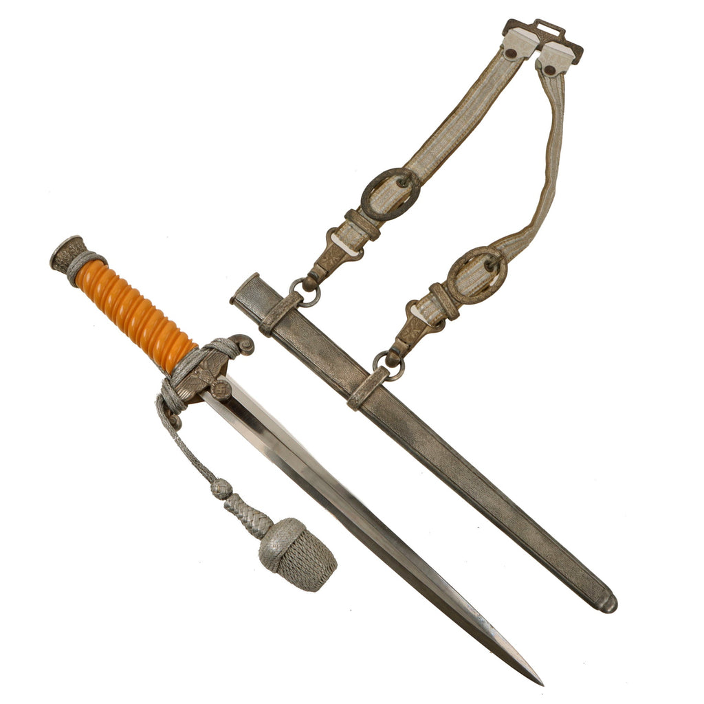 Original German WWII Heer Army Officer Dagger by P.D. Lüneschloss of Solingen with Scabbard, Hanger, and Portepee Original Items