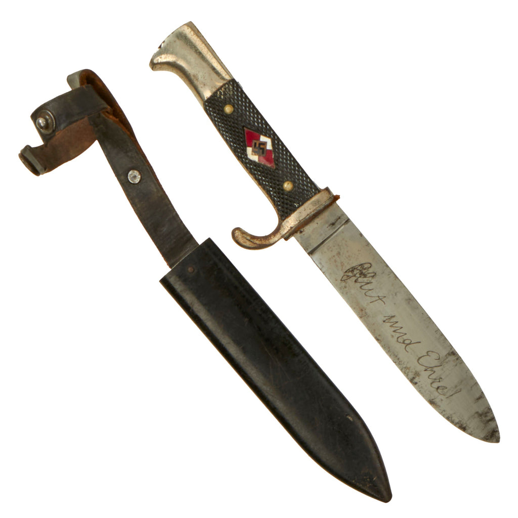 Original German WWII 1938 dated Transitional Motto Marked HJ Knife by Rare Maker Hartkopf & Co. with Scabbard - RZM M7/40 Original Items