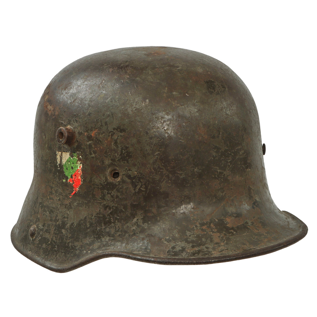 Original German WWI Bulgarian WWII Reissue M16 Stahlhelm with Crest & Liner - Replaced Chinstrap Bale - Si 66 Original Items