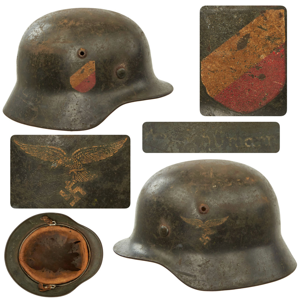 Original German WWII Luftwaffe Named M35 Double "Droop Tail" Decal Steel Helmet with 1938 Dated Liner - marked ET62 Original Items