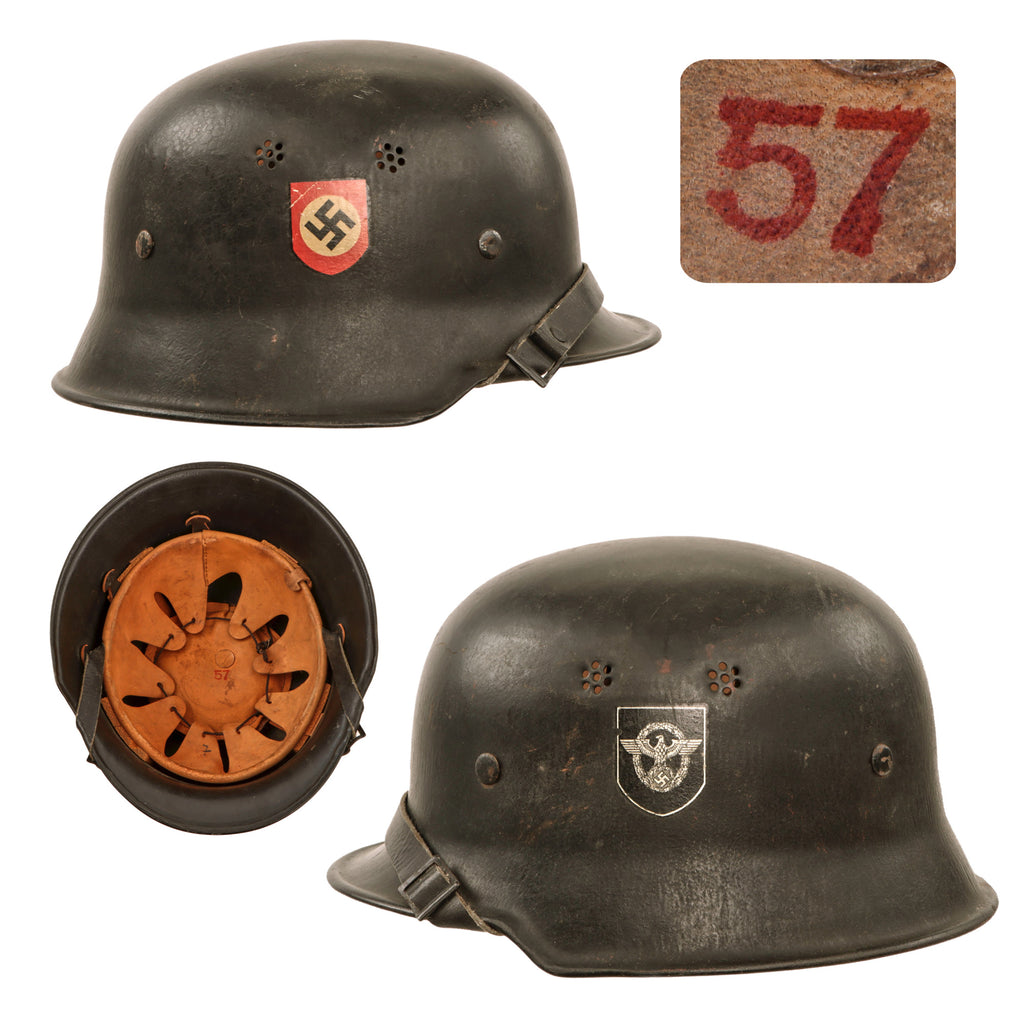 Original German WWII M34 Square Dip NSDAP Double Decal Civic Police Steel Helmet with 57cm Liner & Chinstrap - Ordnungspolizei Original Items