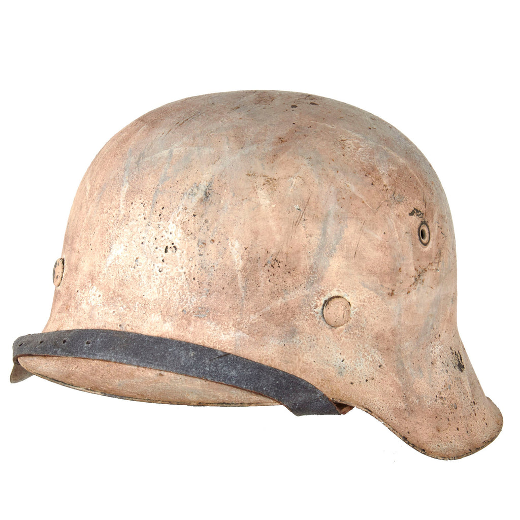 Original German WWII Refurbished M42 Army Heer Winter Camouflage Helmet with Aged Replica Liner and Chinstrap - stamped ET62 Original Items