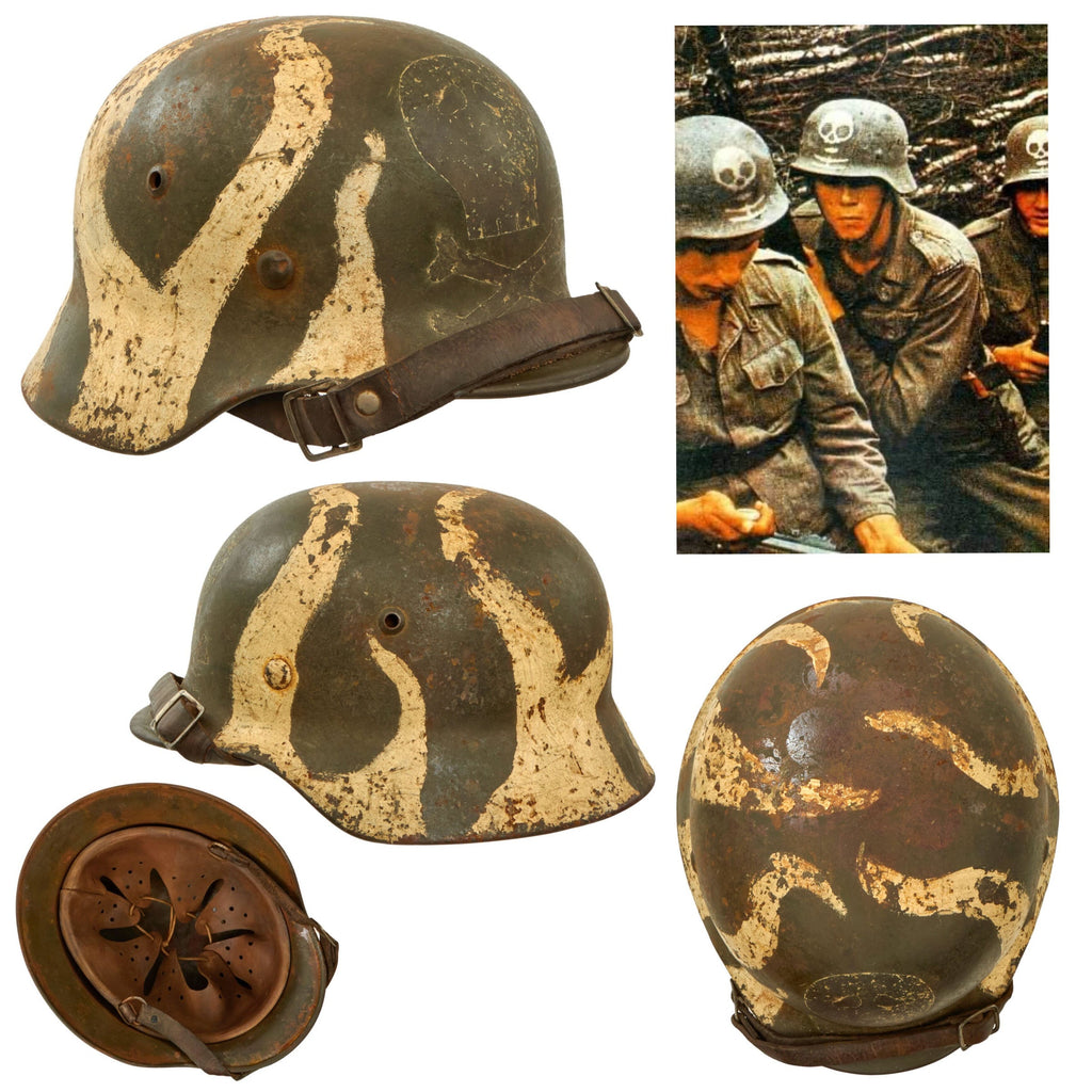 Original Finnish Continuation War German M35 Helmet with Sanitized Infantry Regiment 46 Skull Paint Job - EF64 Original Items