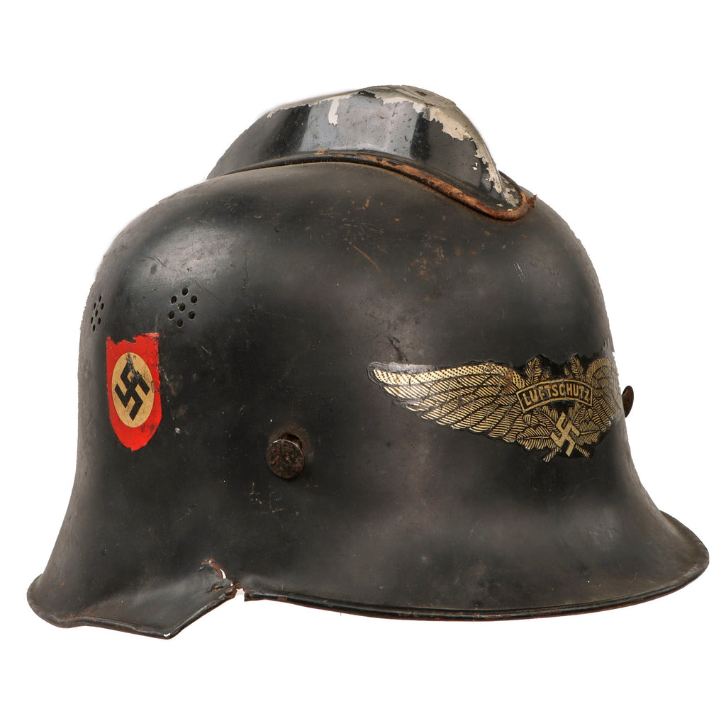Original German WWII M34 Square Dip Fire Luftschutz Protection Police Helmet Shell with Double Decals & Comb Original Items