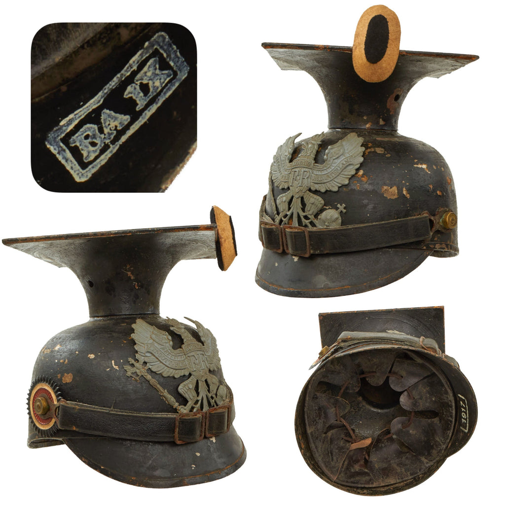 Original Imperial German WWI Ersatz Fully Steel Prussian M1915 Other Ranks Uhlan Tschapka with Cockades - Dated 1917 Original Items