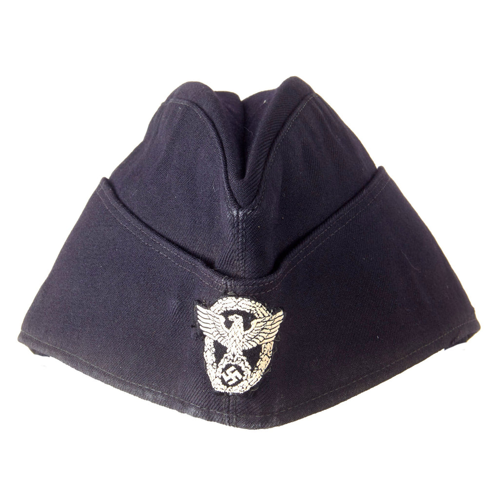 Original German WWII Schutzpolizei Protection Police Black EM/NCO M38 Overseas Cap with Chinstrap - Schiffchen Original Items