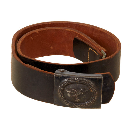 Original German WWII Luftwaffe Leather Belt with Painted Steel Buckle by Hermann Aurich - dated 1942 Original Items