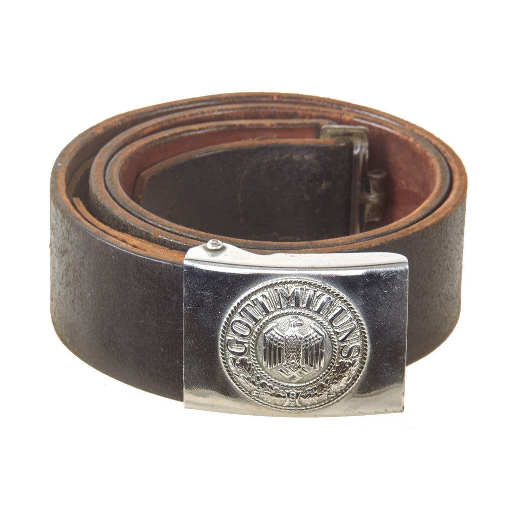 Original German WWII Heer Army EM/NCO Leather Parade Belt with Nickel Plated Steel Buckle, J.C. Maedicke 1941 Dated Leather Tab, Size 90 Original Items