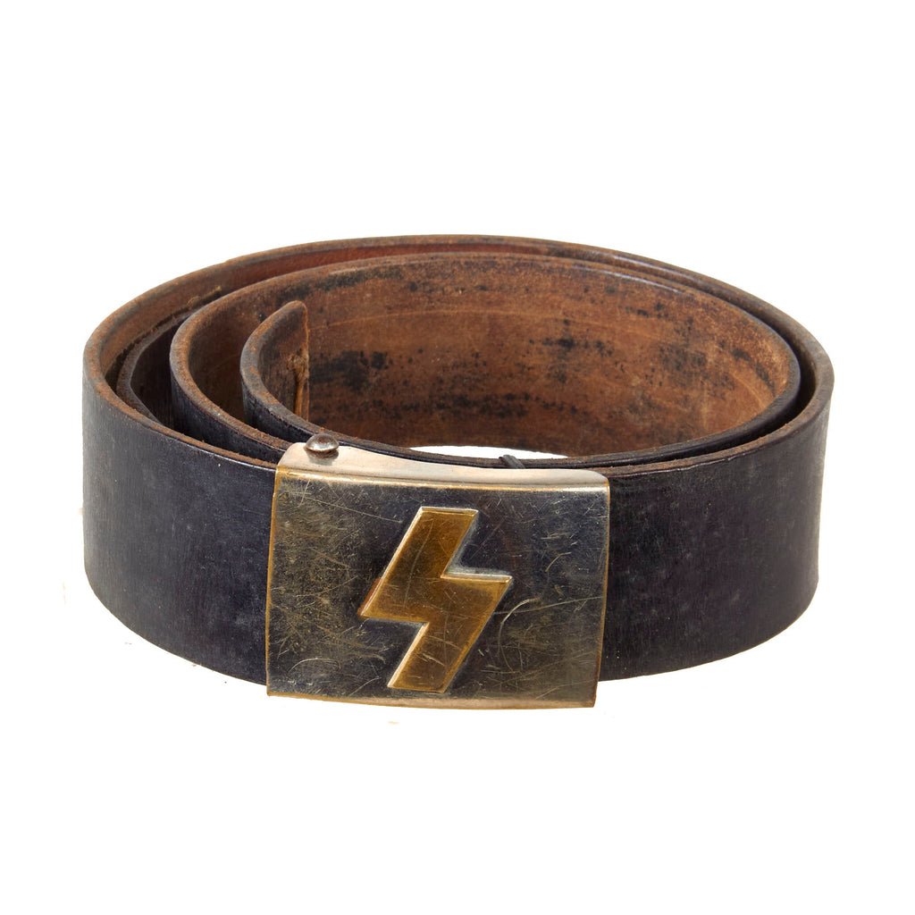 Original German WWII HJ Early DJ Leather Belt with Deutsches Jungvolk Single Rune Plated Brass Buckle Original Items
