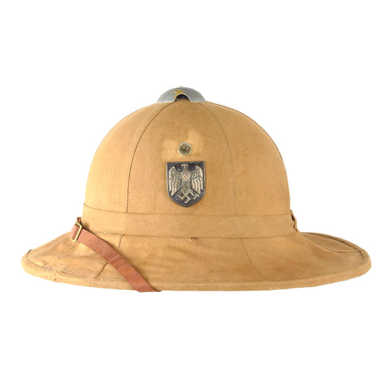 Original Italian WWII Wehrmacht-Used North African Campaign M1928 Tropical Sun Pith Helmet with German Eagle & Tri-Color Shield Badges - Wehrmacht Property Stamp - Size 56 Original Items