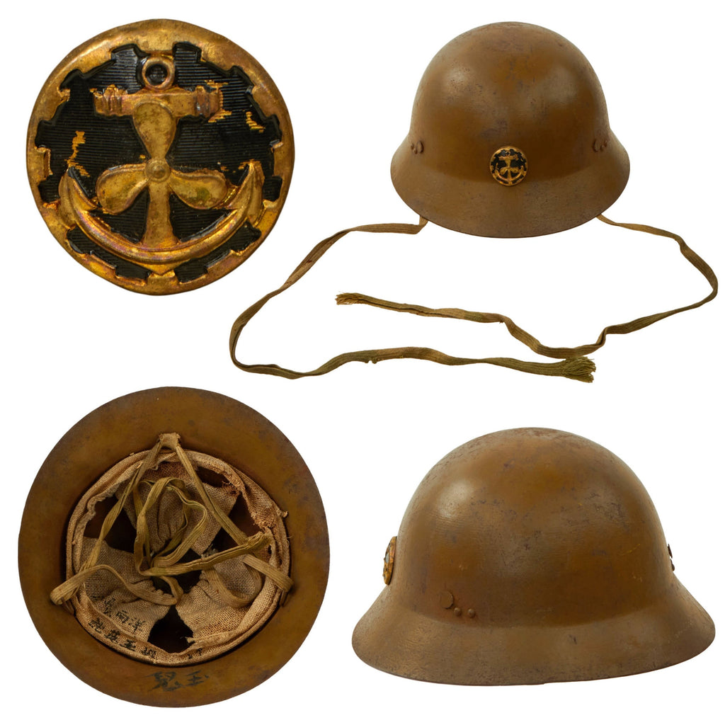 Original Imperial Japanese Army WWII Type 90 Civil Defense Helmet With Naval Shipbuilding Worker Badge - Complete Original Items