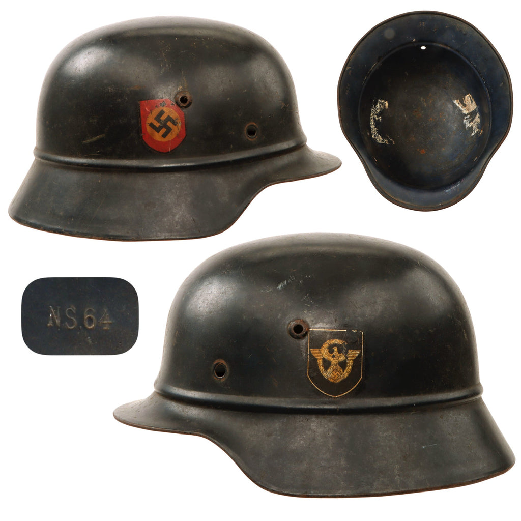 Original German WWII Beaded M40 NSDAP Double Decal Civic Police Steel Helmet Shell - Stamped NS64 Original Items
