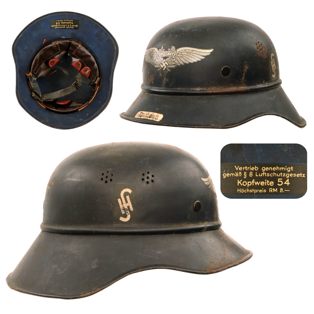 Original German WWII Named M38 Luftschutz Beaded Gladiator Air Defense Helmet with Siemens & Halske Decals and 54cm Liner Original Items