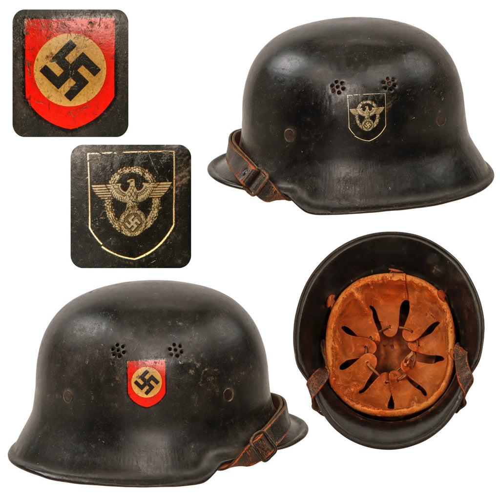 Original German WWII M34 Civic Square Dip NSDAP Double Decal Police Steel Helmet with 55cm Liner and Chinstrap - Ordnungspolizei Original Items