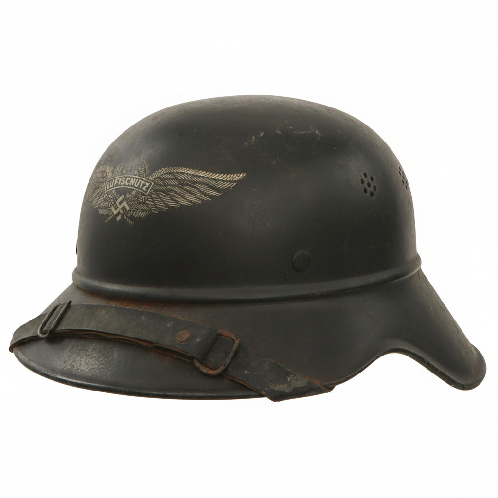Original German WWII M38 Luftschutz Beaded Gladiator Air Defense Helmet with Single Piece Shell, 57cm Liner, and Chinstrap Original Items