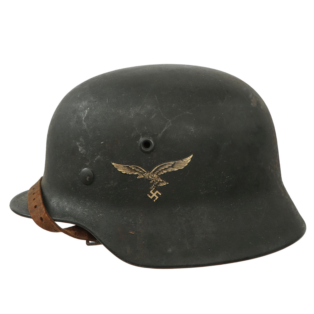 Original German WWII Luftwaffe Single Decal M40 Helmet with Size 56 Liner and Chinstrap - Stamped ET64 Original Items