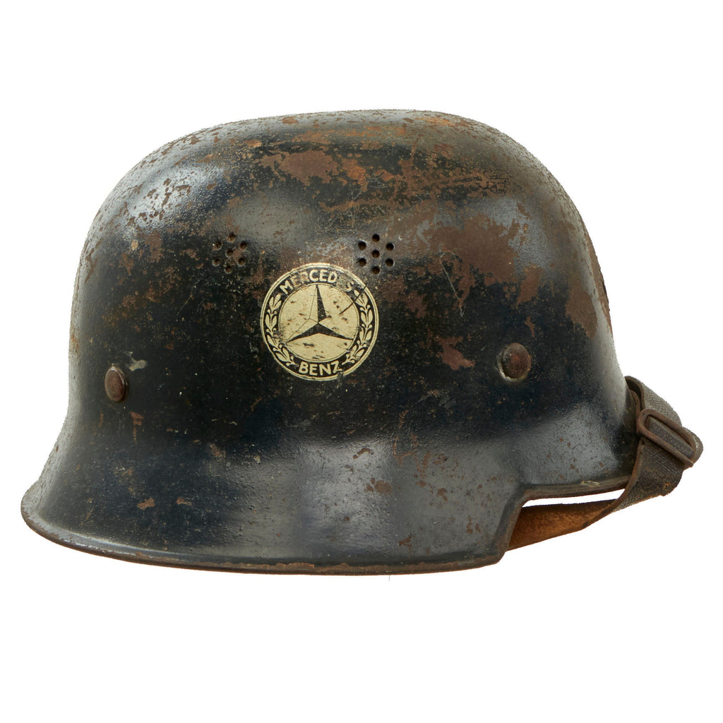 Original German WWII M34 Civic Square Dip Helmet with Replica Mercedes Benz Werkschutz Factory Protection Brigade Decals Original Items