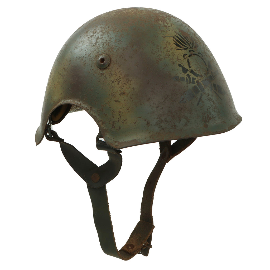 Original WWII Italian “Aerofonista” Ear Cut Out Radio Operator’s M33 Helmet with Fake Camouflage Paint & Stencil - Liner & Reproduction Chinstrap Original Items