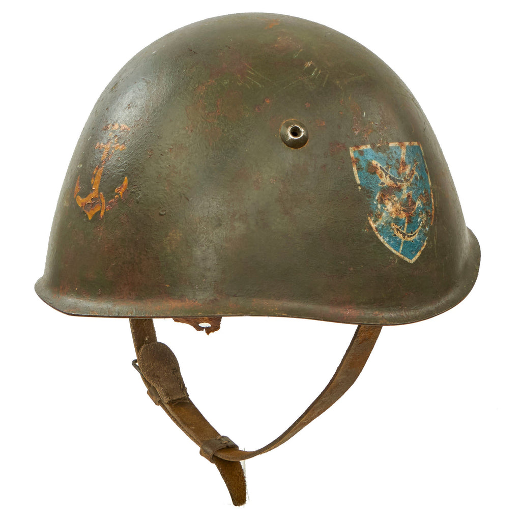 Original WWII Italian Regia Marina Navy M33 Helmet with Interesting Painted Naval Unit Insignia - Torn Liner & Chinstrap Original Items