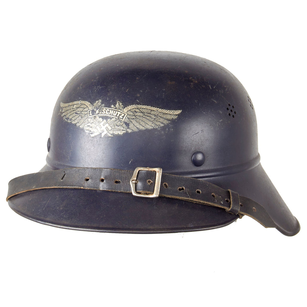Original German WWII M38 Luftschutz Beaded Gladiator Air Defense Helmet with Single Piece Shell, 55cm Liner, and Chinstrap Original Items