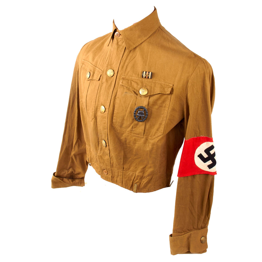Original German WWII NSDAP "Brown Shirt" Uniform with Armband, Hindenburg Cross Ribbon, and Black Wound Badge - Size 50 Original Items