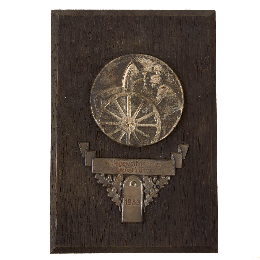 Original German WWII Heer Army Artillery Western Front 1939 Wartime Christmas Wall Plaque on Wooden Backing - 4 1/4" x 6 1/4" Original Items